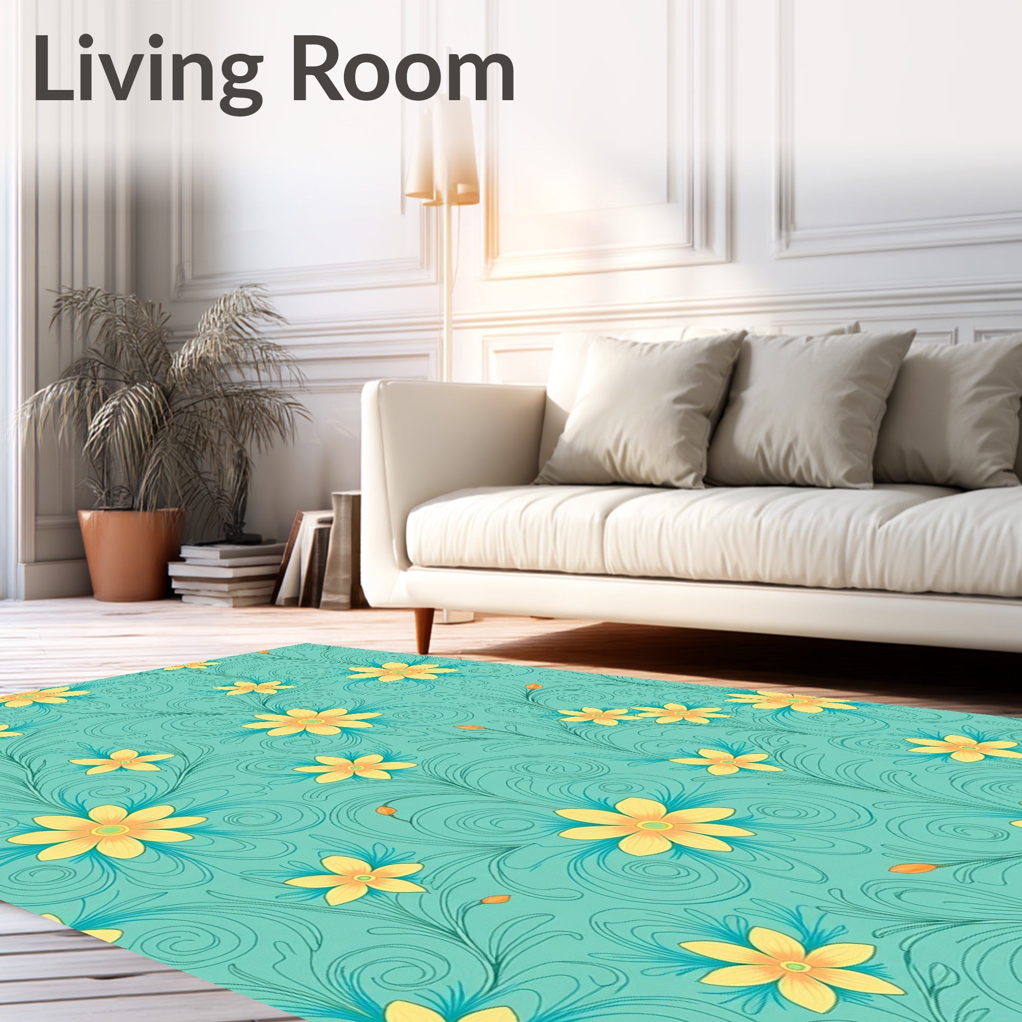 Aqua Yellow Floral Scroll Design Rug