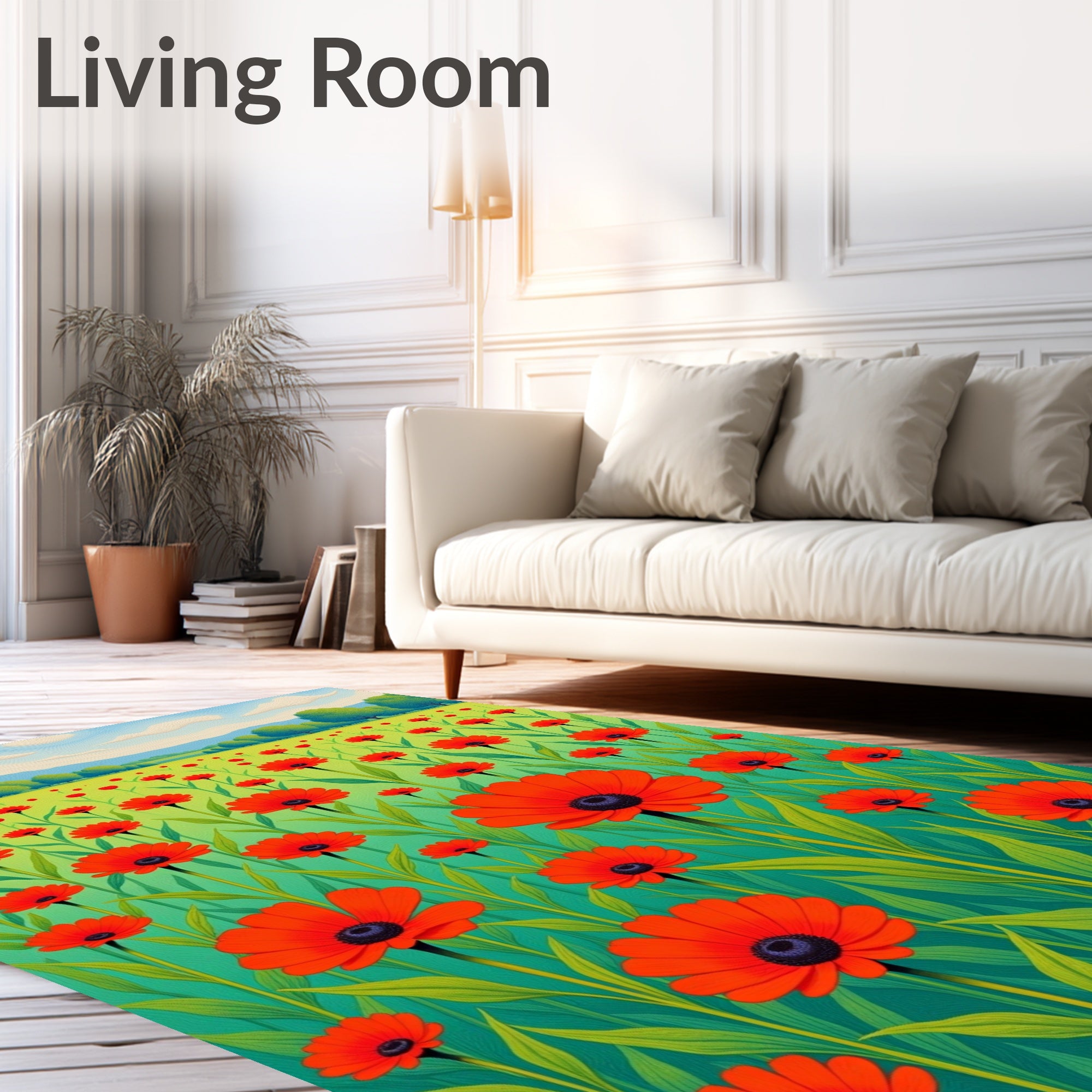 Vibrant Red Floral Field Pattern Rug