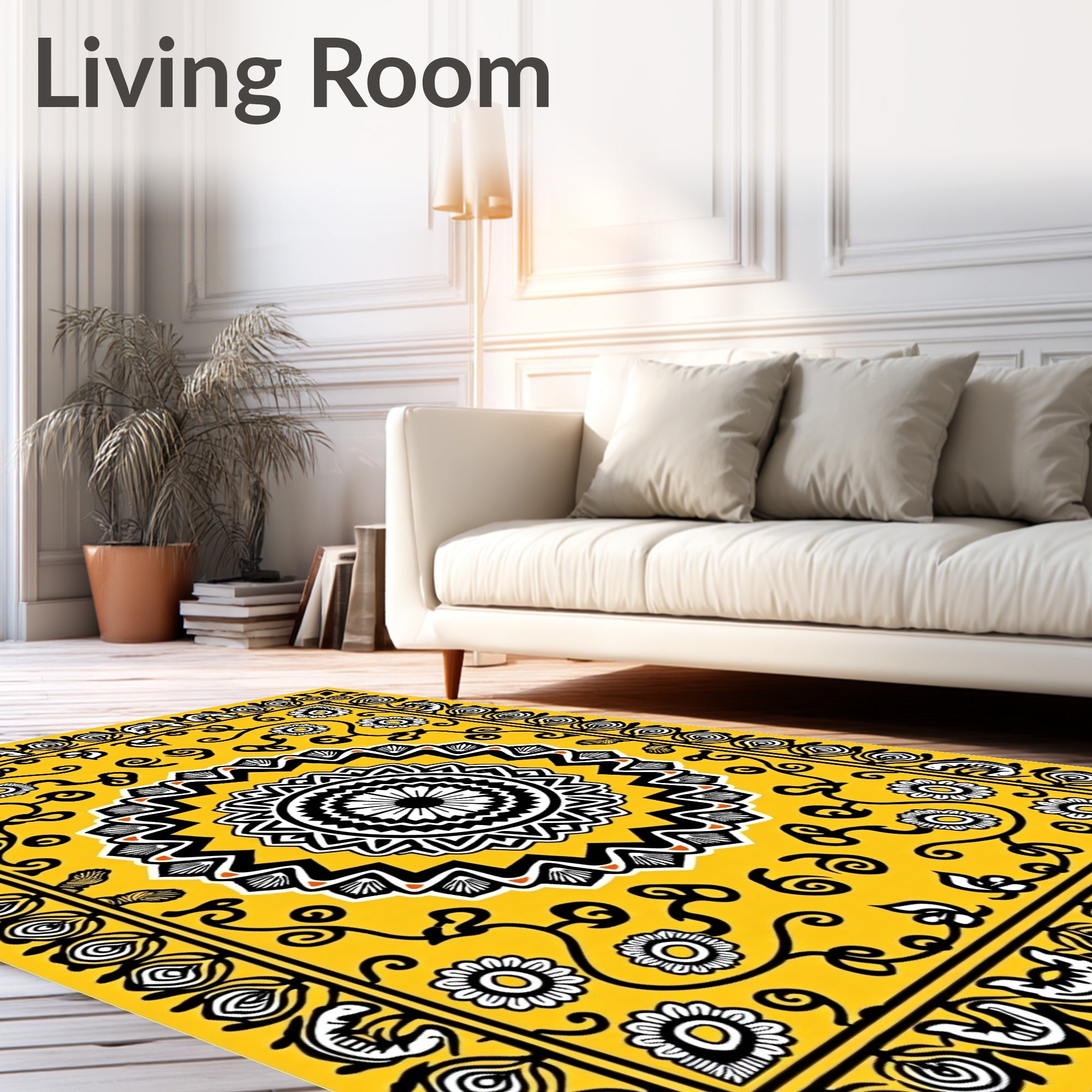 Sunny Yellow Exotic Floral Mandala Rug