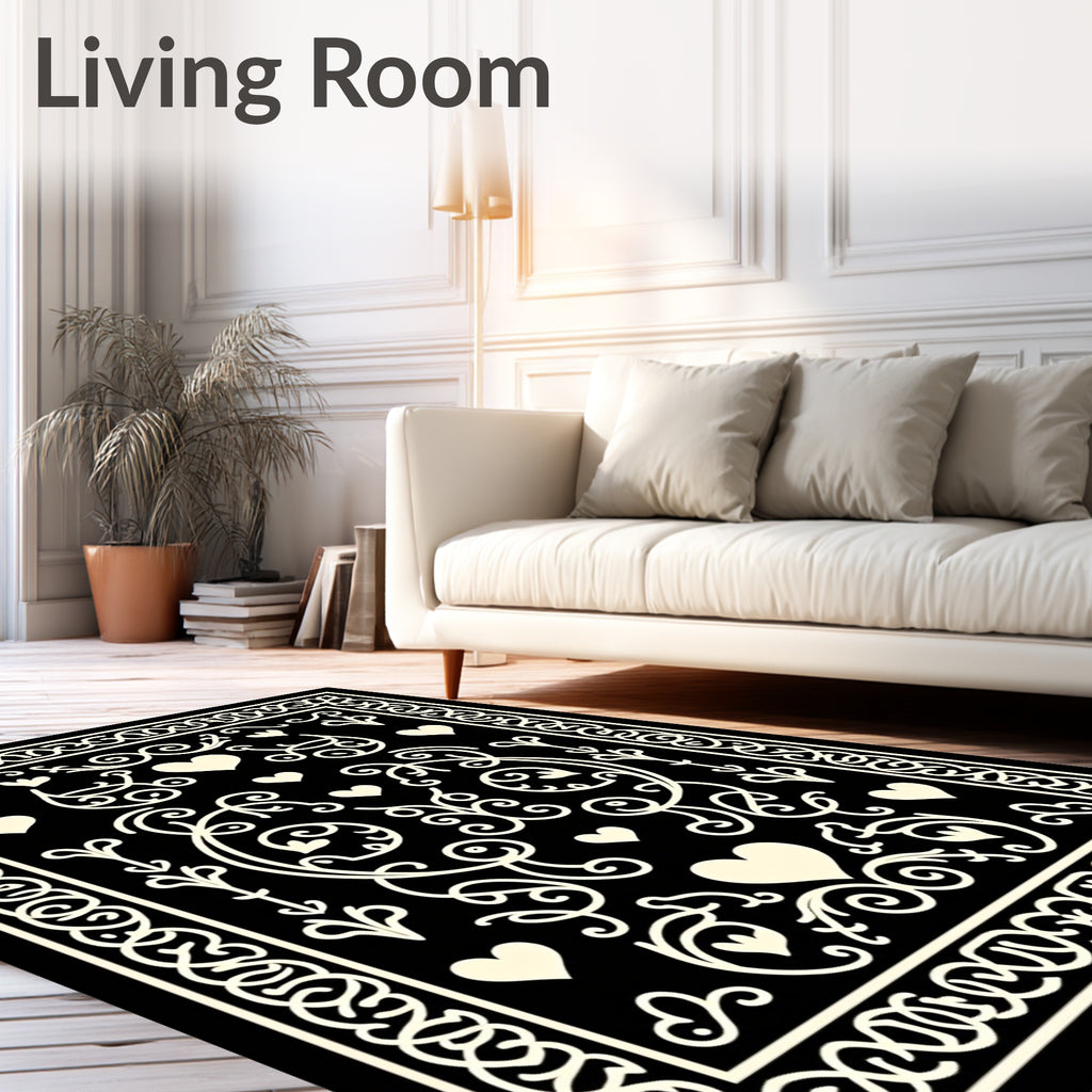 Cream Hearts Scrollwork Black Rug