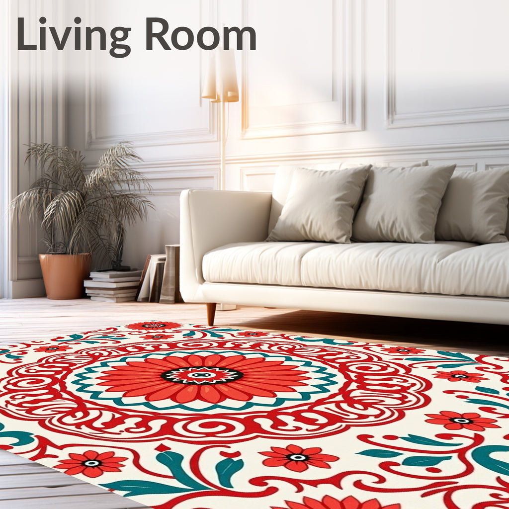 Red Teal Floral Medallion Pattern Rug