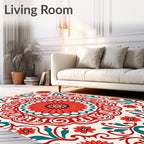 Red Teal Floral Medallion Pattern Rug