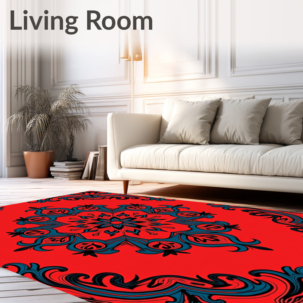 Red Teal Floral Mandala Pattern Rug