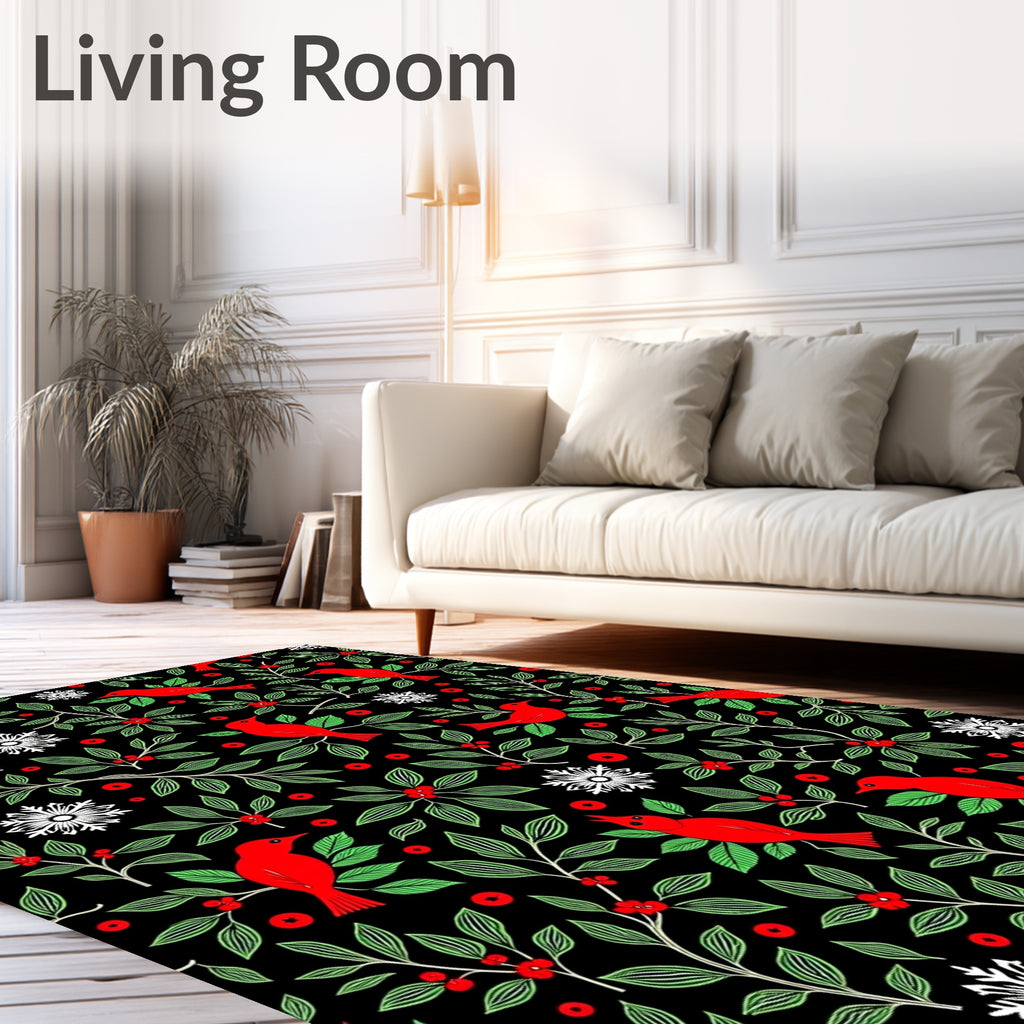 Red Cardinals Green Foliage Snowflakes Rug