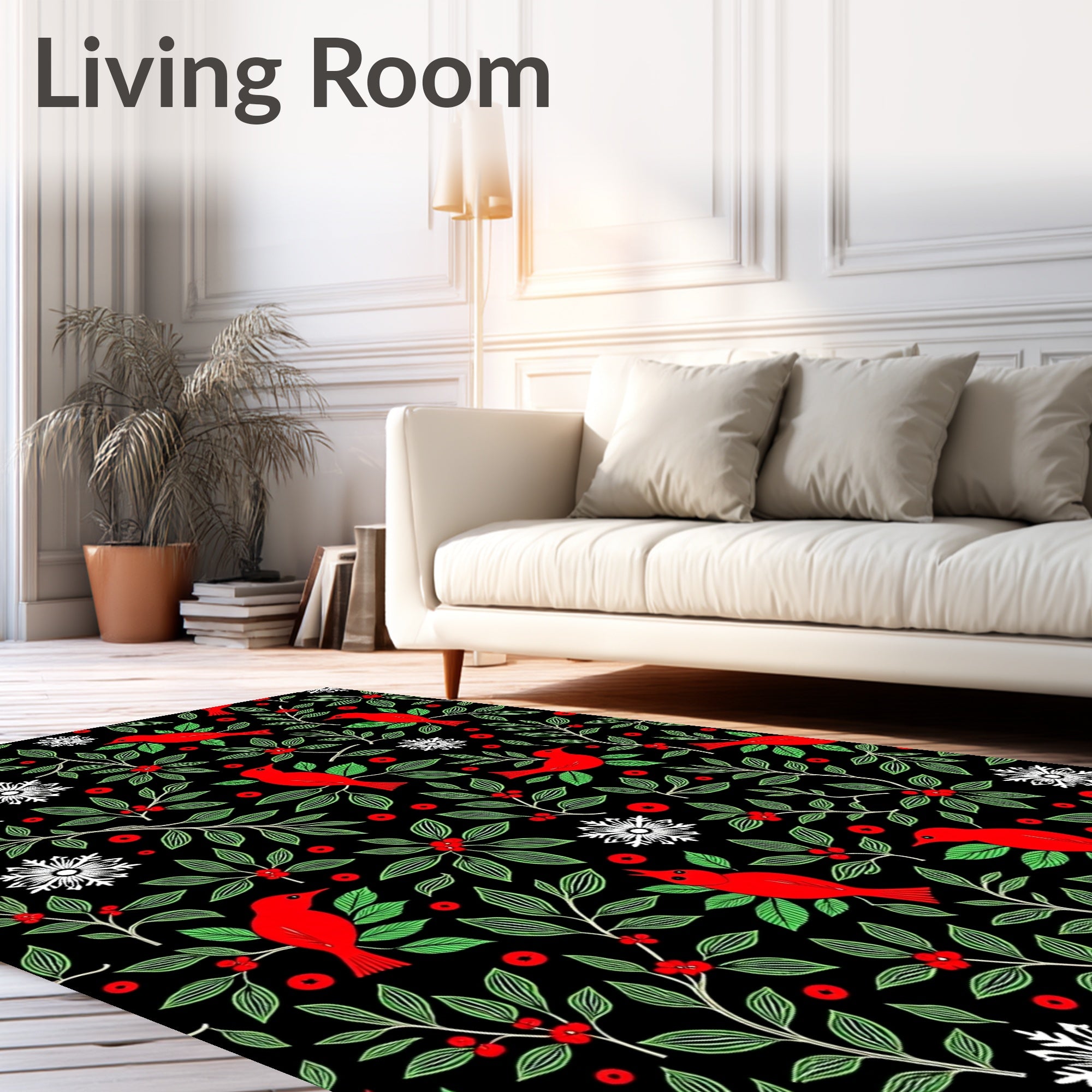 Red Cardinals Green Foliage Snowflakes Rug