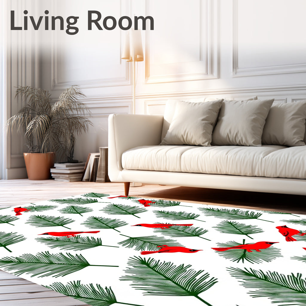 Red Cardinals Evergreen Pine Sprigs Design Rug