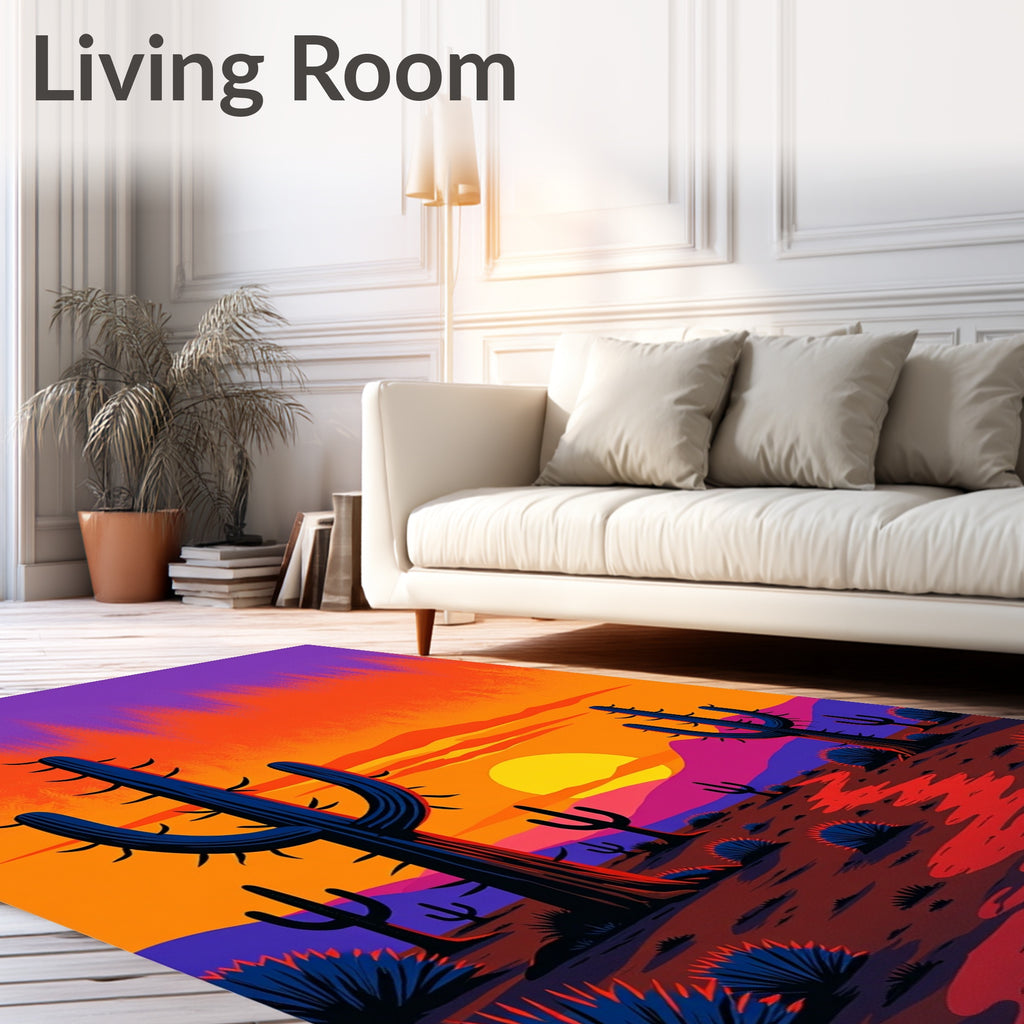 Vibrant Desert Sunset Cactus Scene Rug