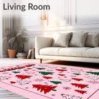 Whimsical red train Christmas trees snowflakes Rug