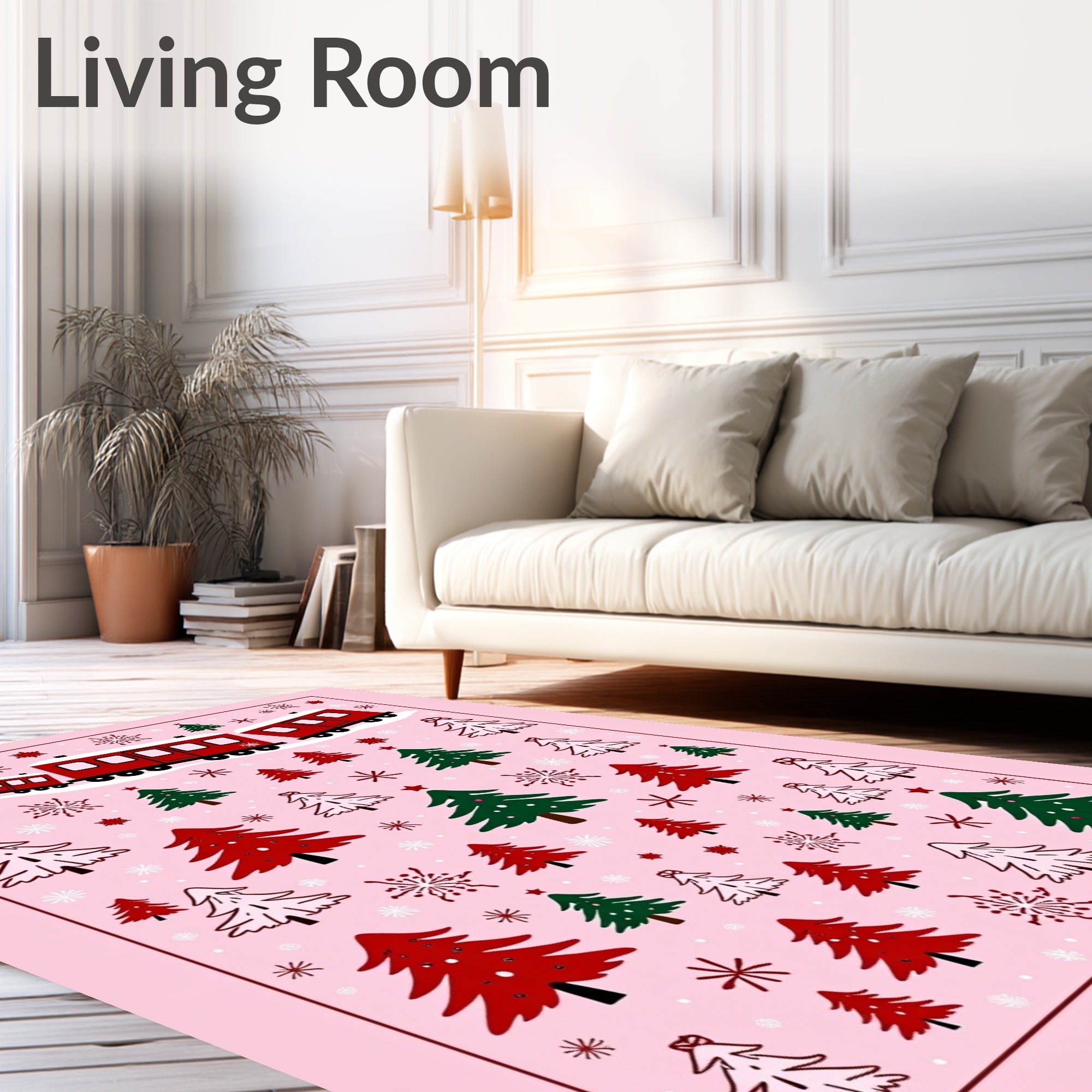 Whimsical red train Christmas trees snowflakes Rug