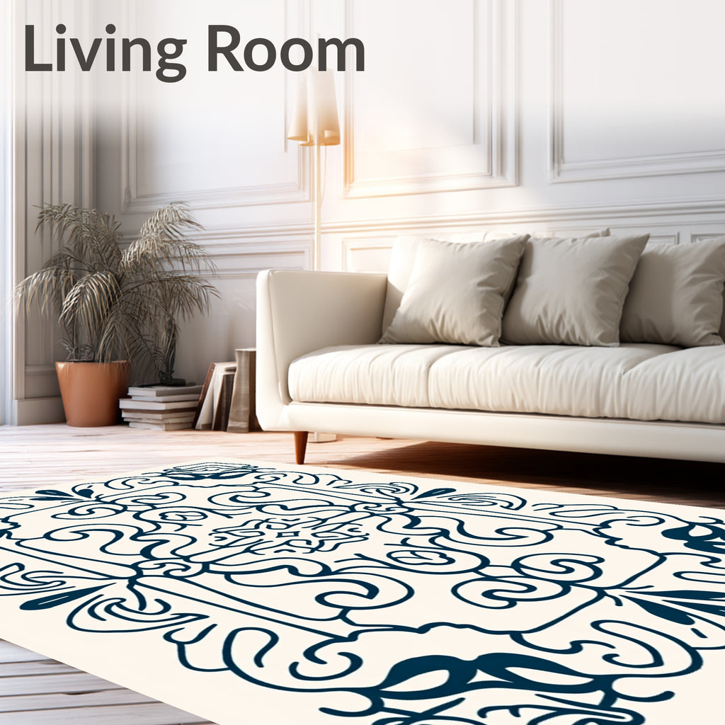 Ornate Dark Navy Scroll Pattern Rug