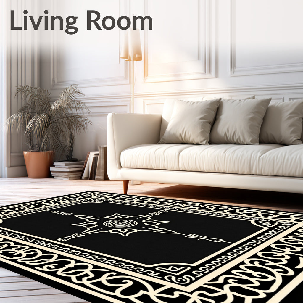 Ornate Black Cream Geometric Mandala Rug
