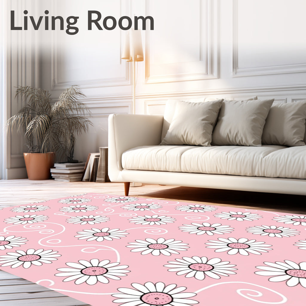 Daisy Flower Patterned Pink Swirl Rug