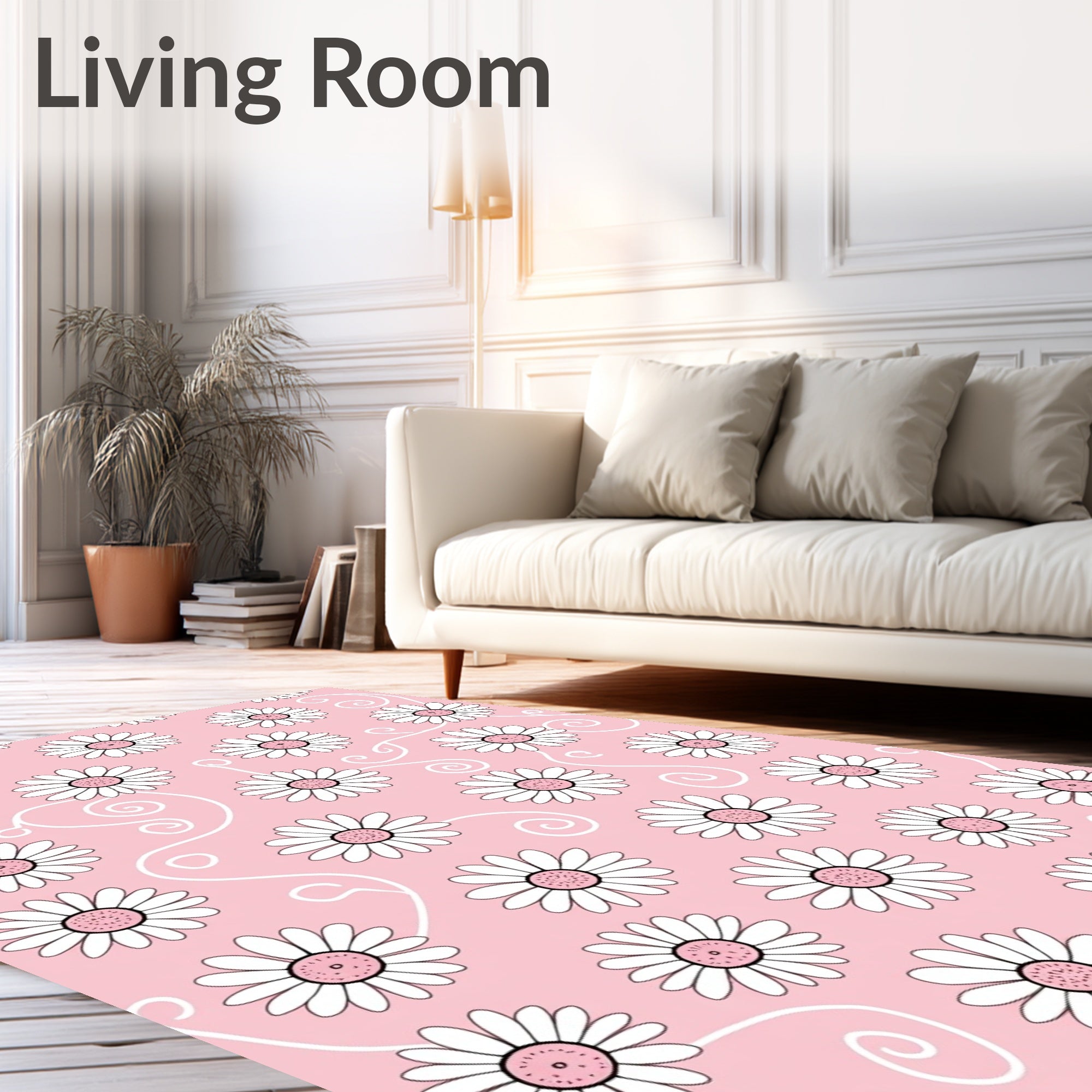 Daisy Flower Patterned Pink Swirl Rug