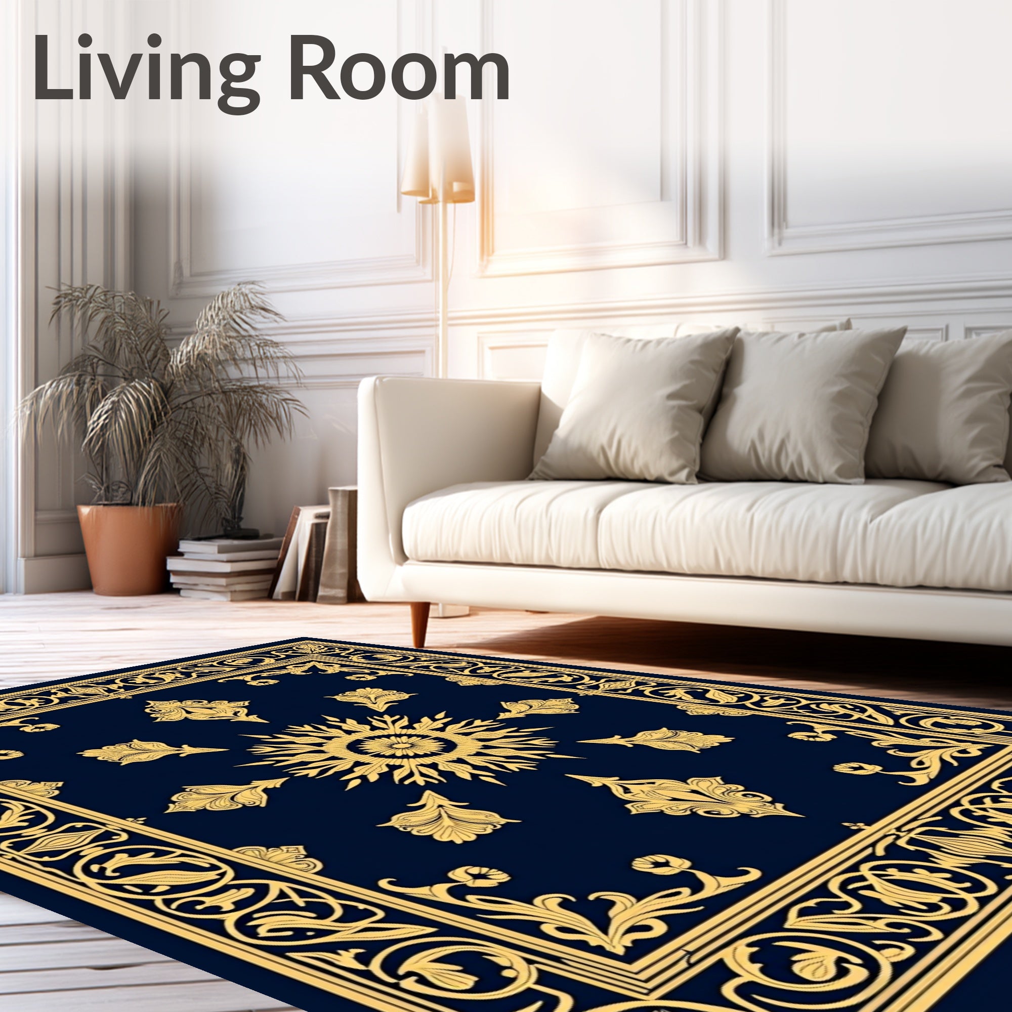 Elegant Gold Floral Dark Blue Rug