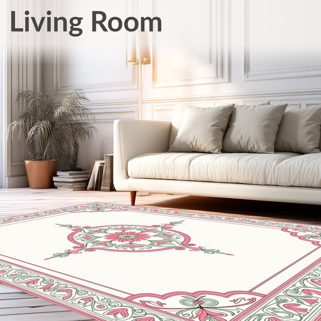 Elegant Pink Green Floral Medallion Rug