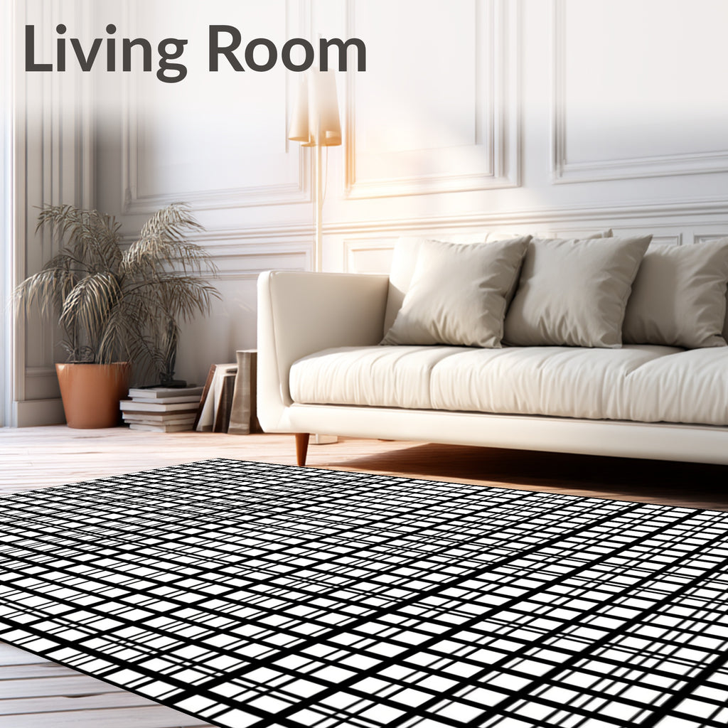 Clean Black White Grid Lines Rug