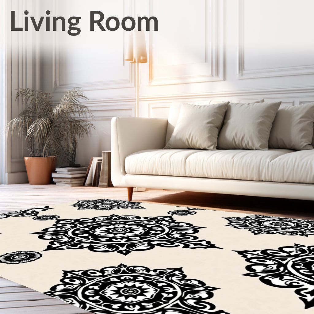 Intricate Black Medallion Pattern Rug