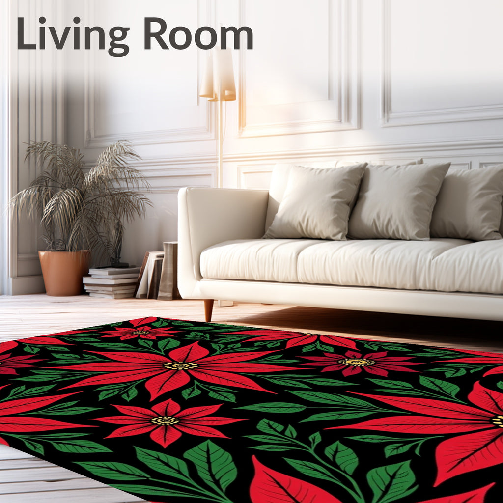 Classic Red Poinsettia Floral Black Rug