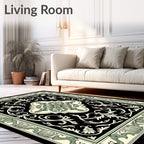 Vintage Black Ivory Green Floral Medallion Rug