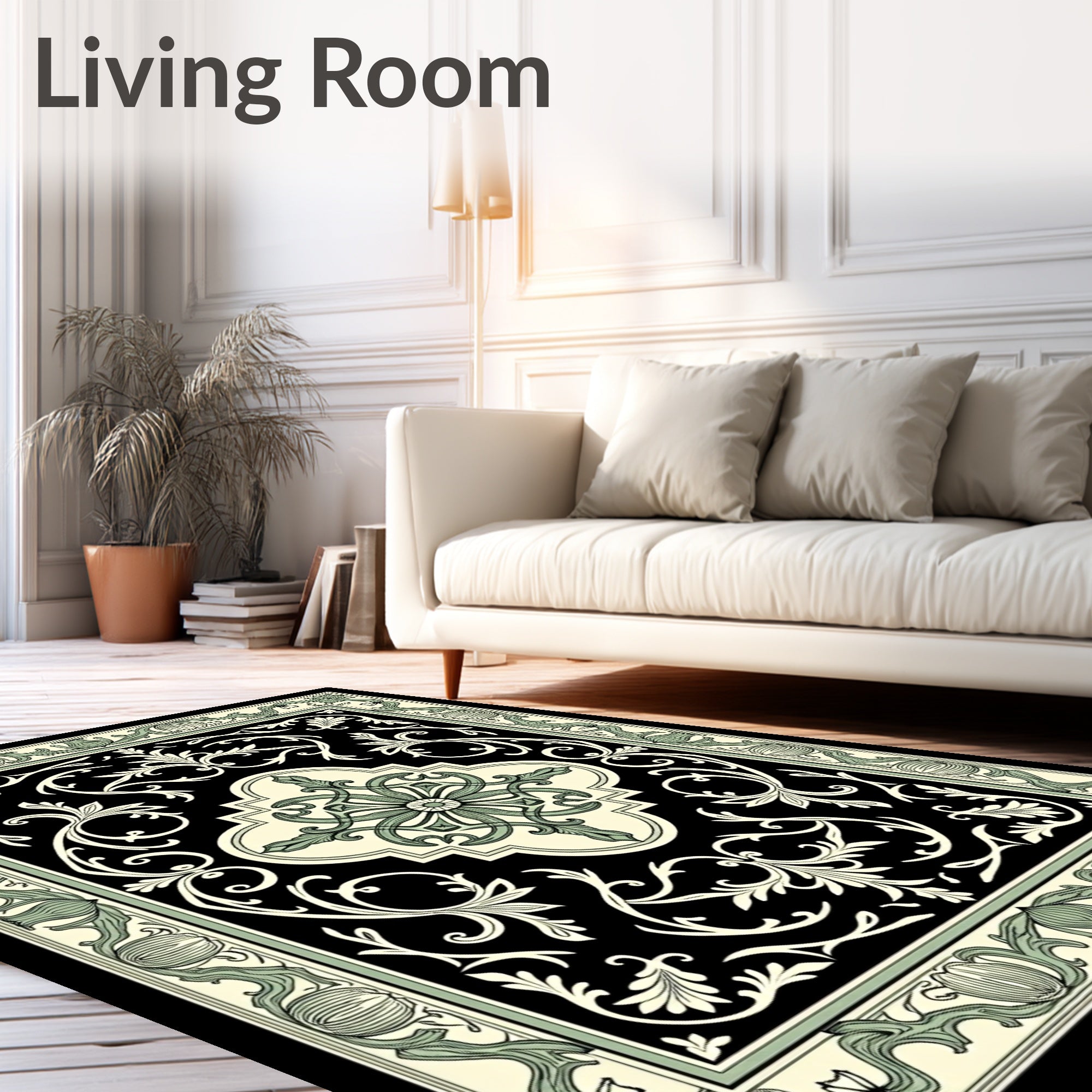 Vintage Black Ivory Green Floral Medallion Rug