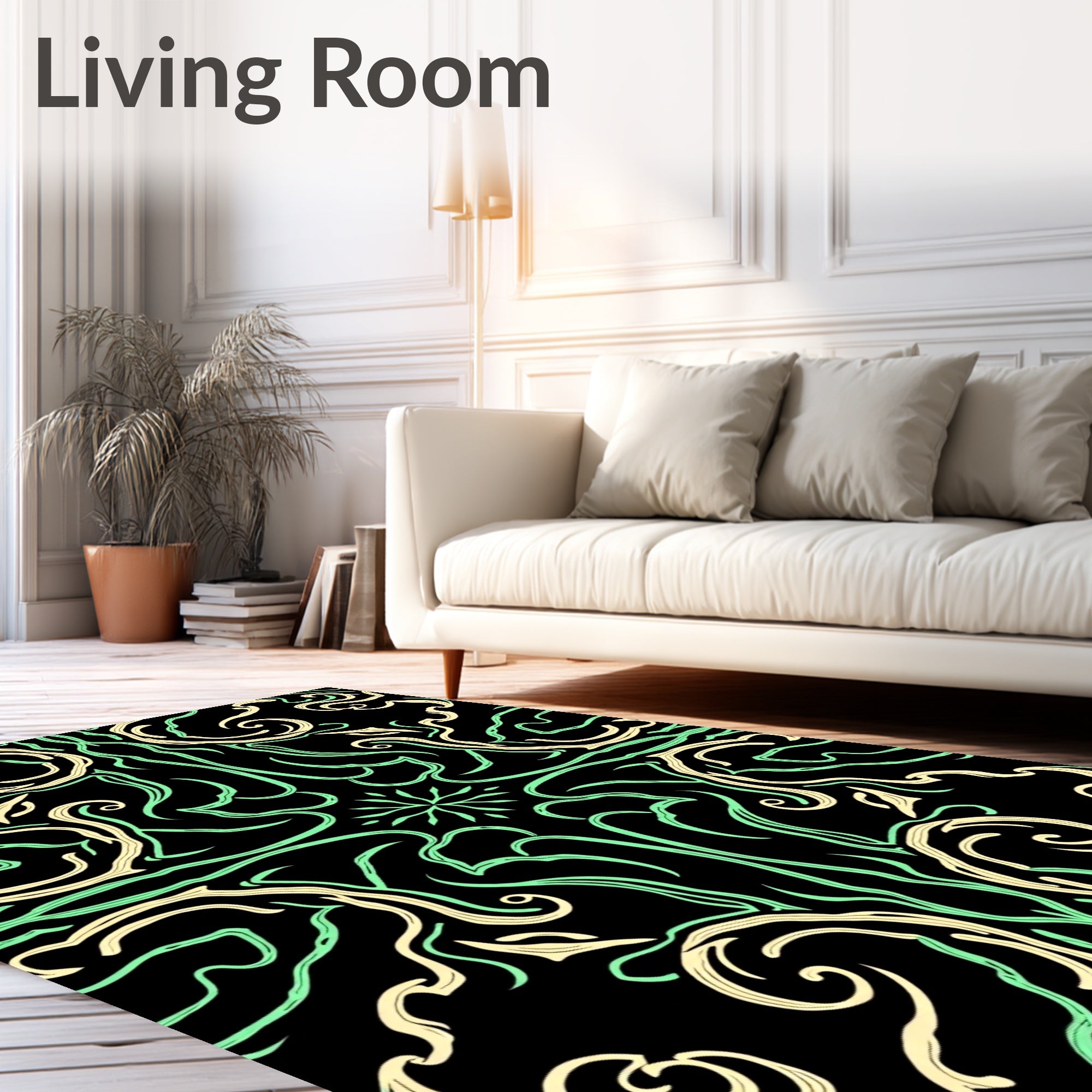 Art Nouveau Emerald Swirls Cream Rug