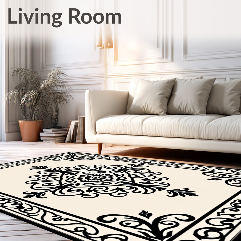 Classic Black White Floral Frame Rug