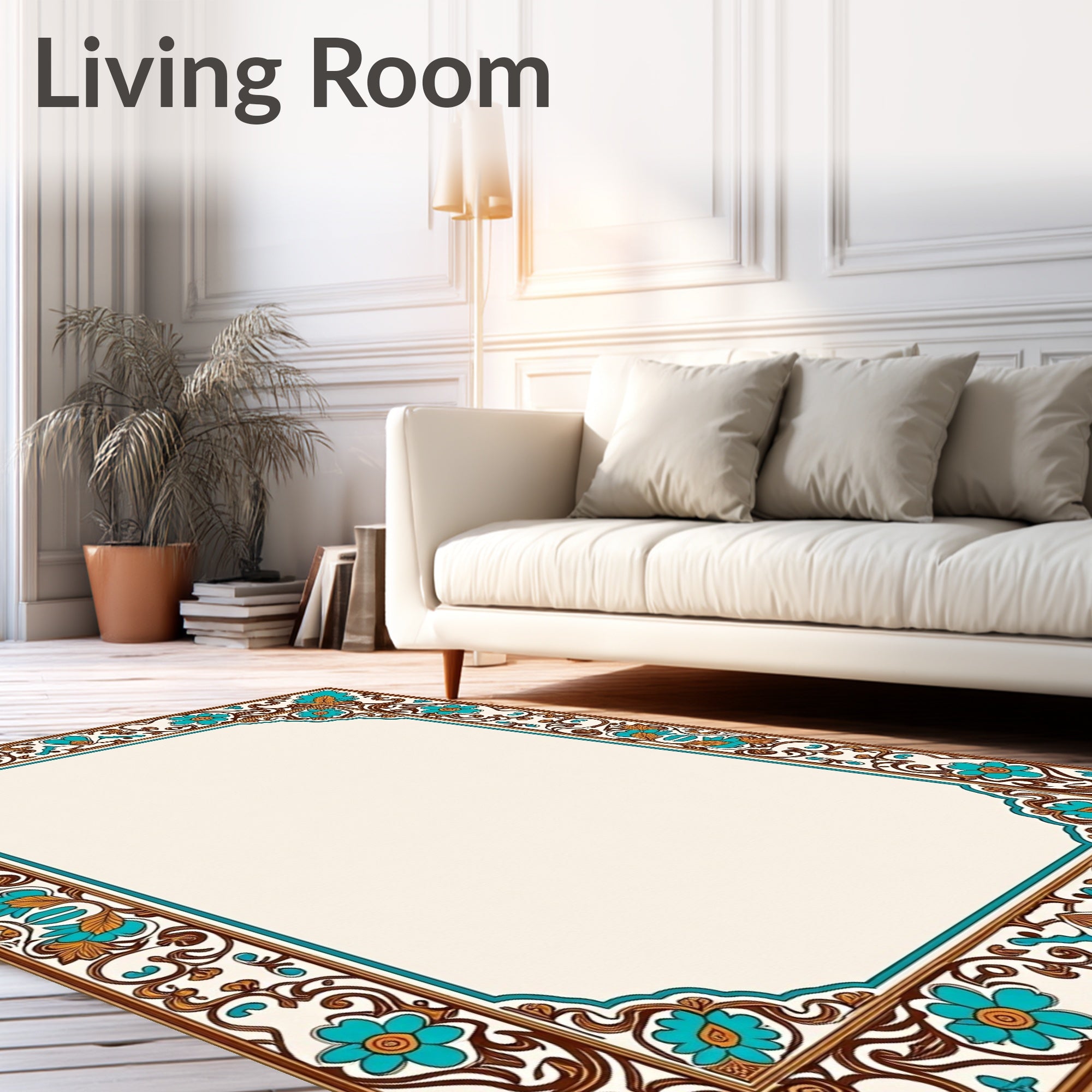 Turquoise Floral Scrollwork Border Design Rug