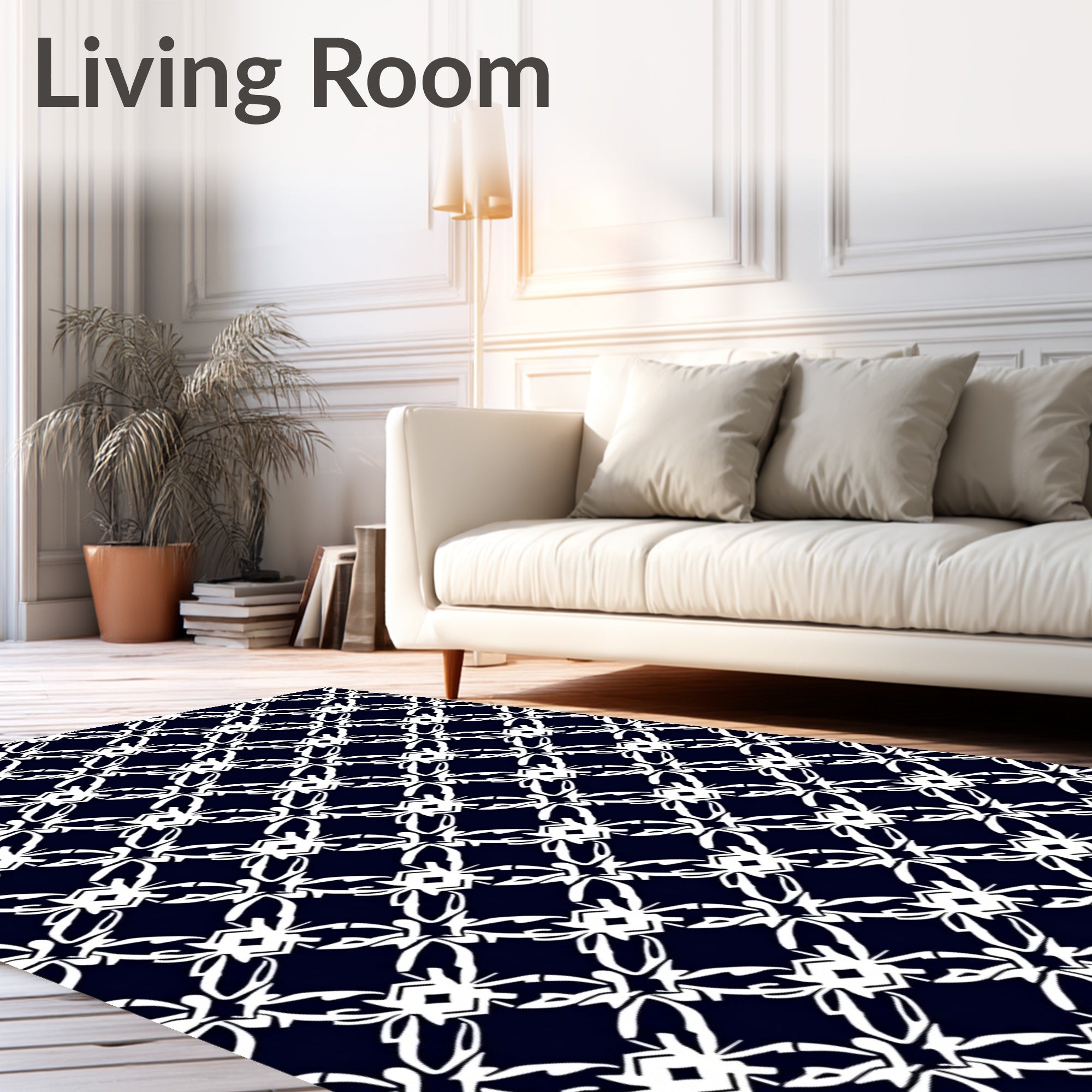 Navy White Elegant Floral Lattice Pattern Rug