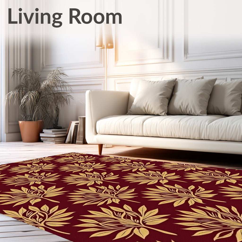 Golden Leaf Pattern on Burgundy Background Rug