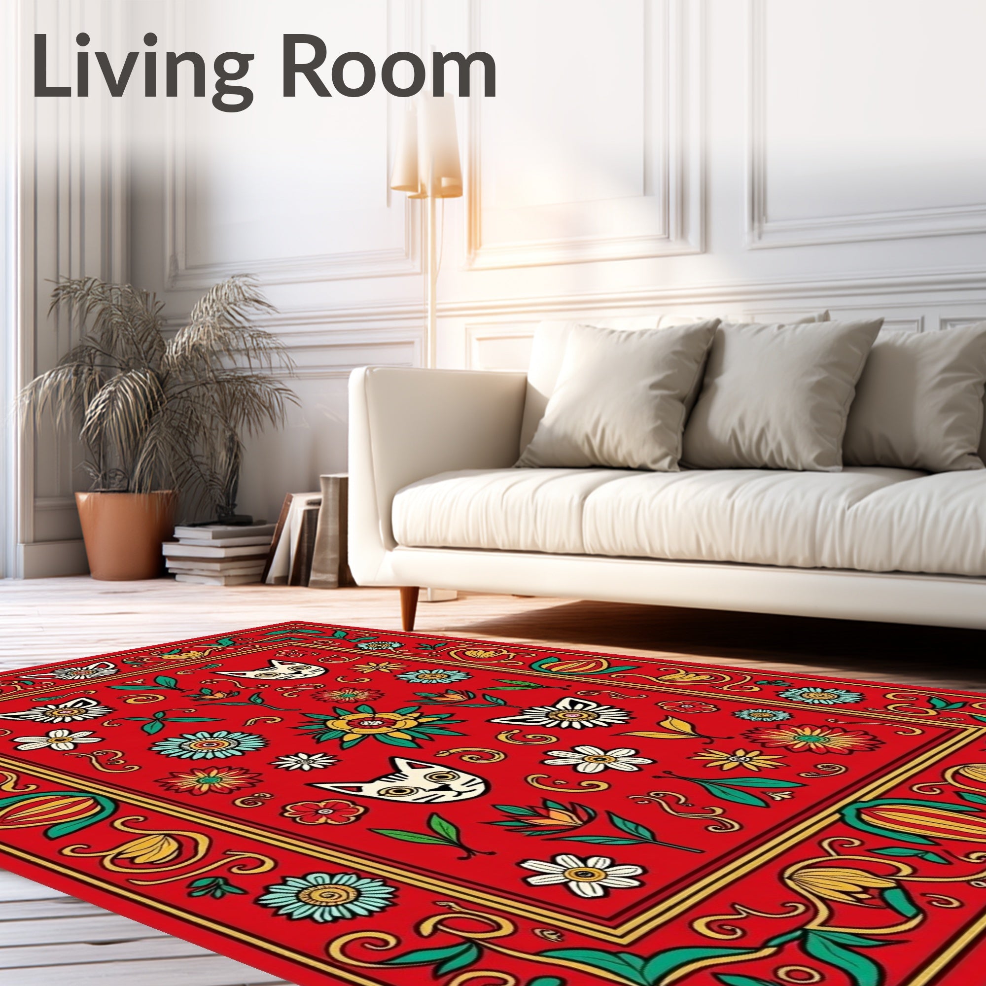 Playful Cat Floral Border Design Rug