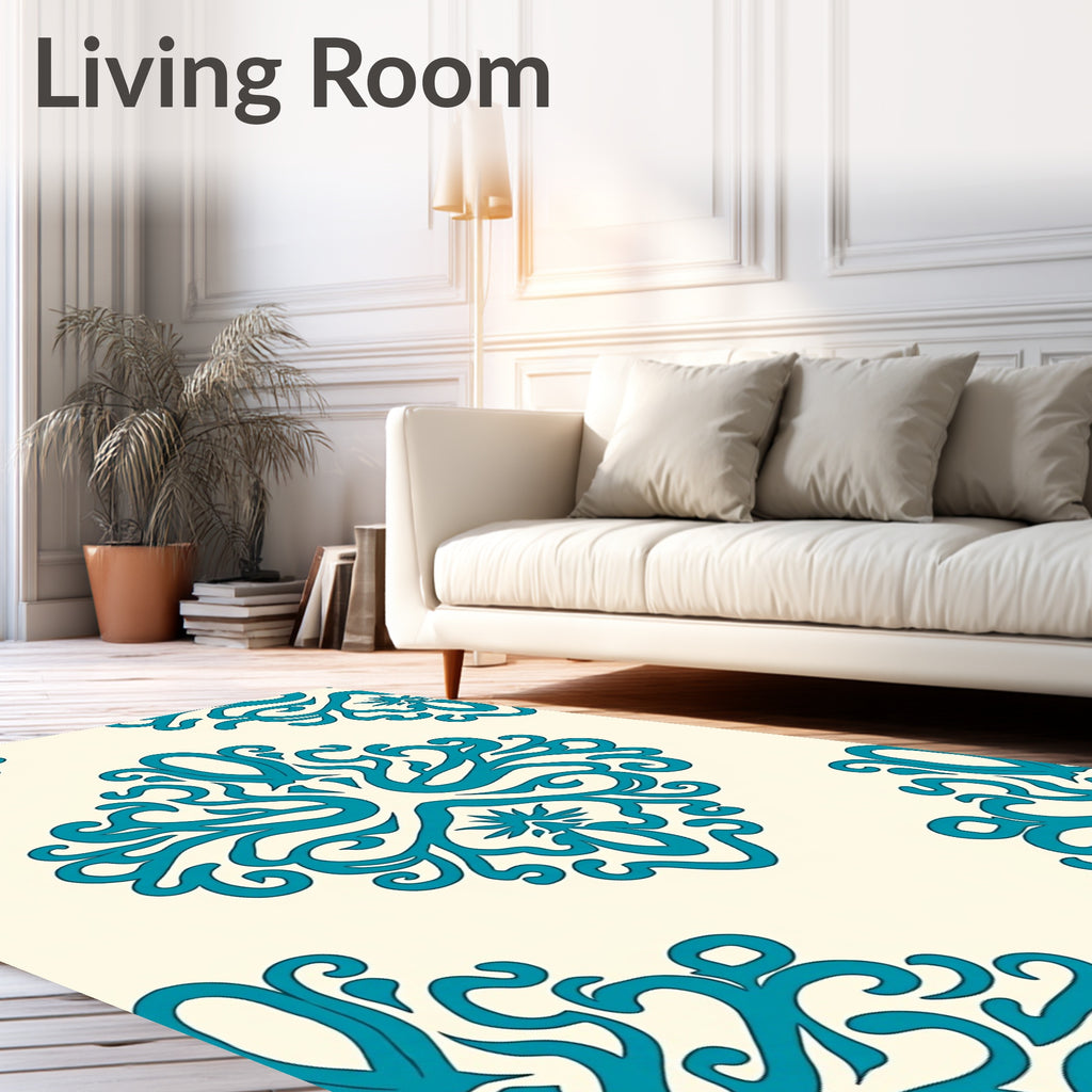 Teal Damask Flourish Pattern Rug