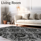 Black Gray Damask Floral Pattern Rug