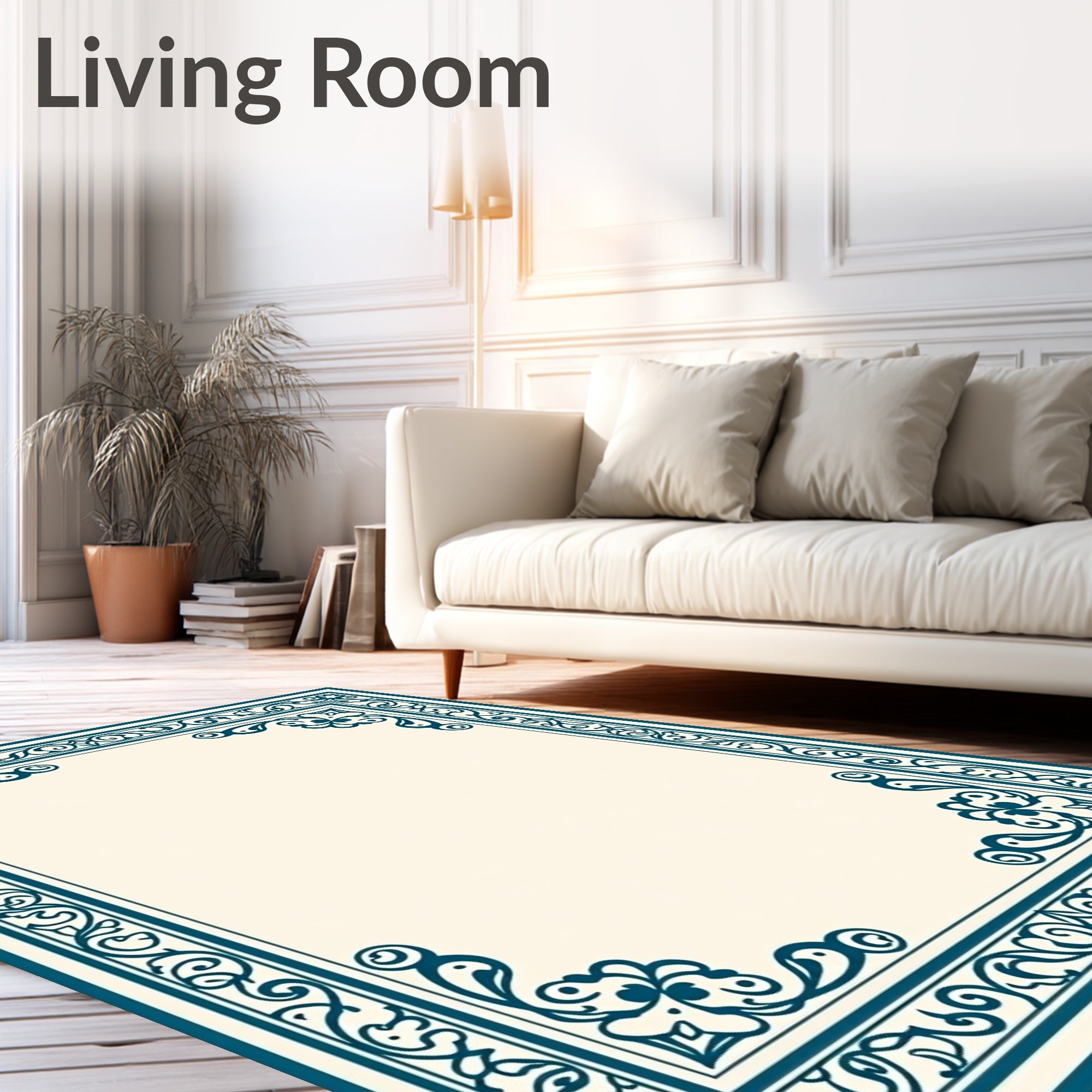 Ornate Teal Floral Border Design Rug