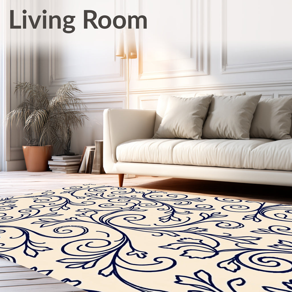 Elegant Navy Swirl Floral Foliage Design Rug