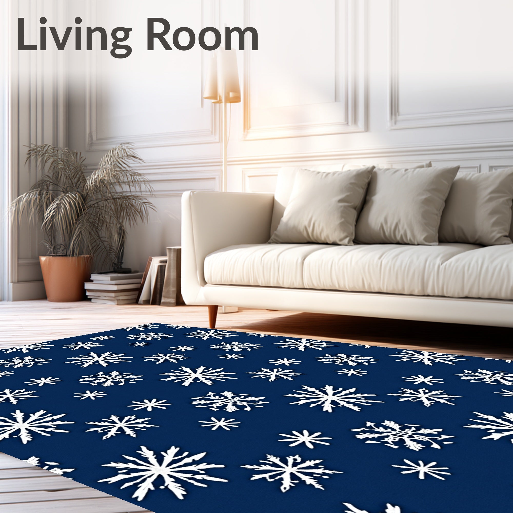White Snowflakes Patterned Blue Rug