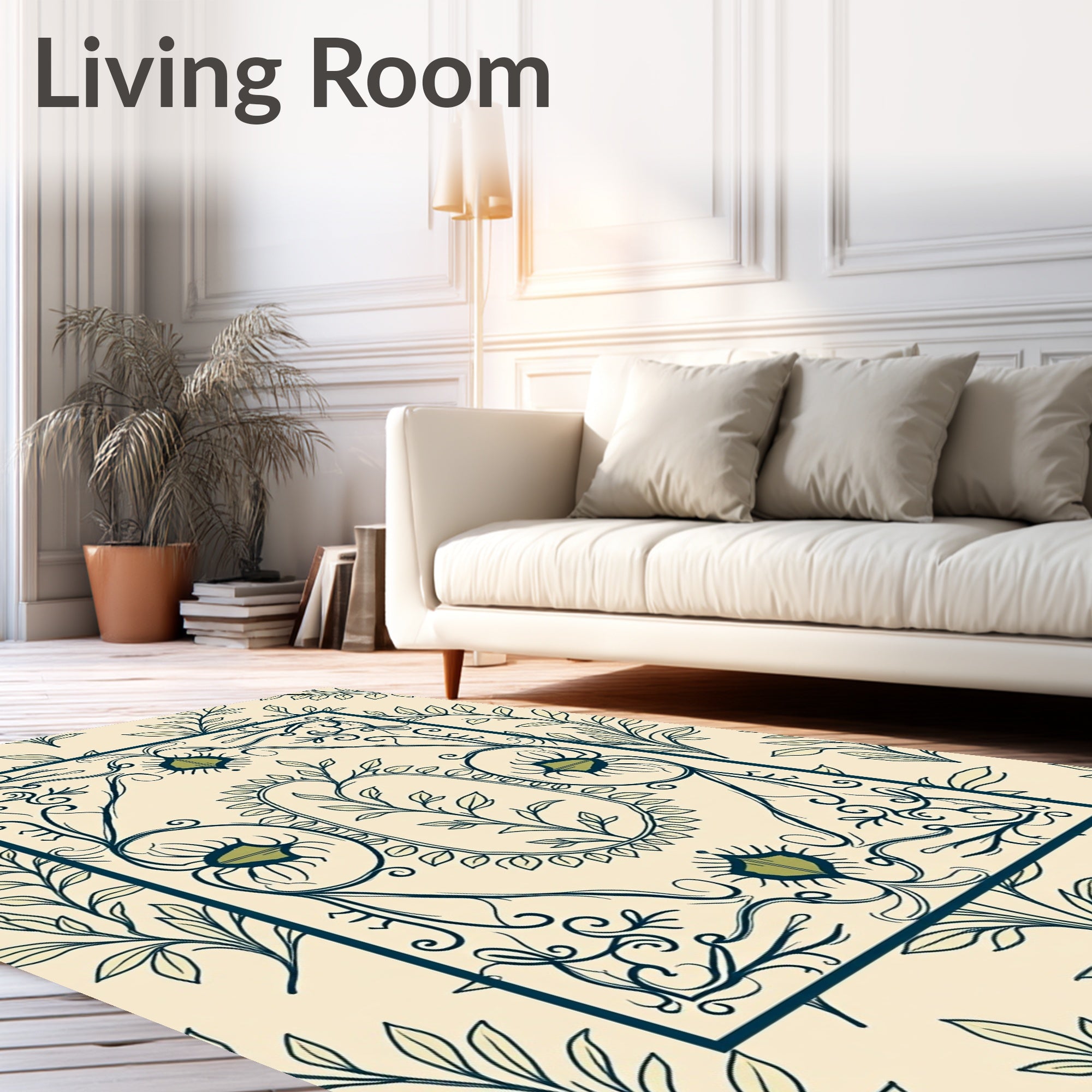 Creme Botanical Scroll Frame Rug