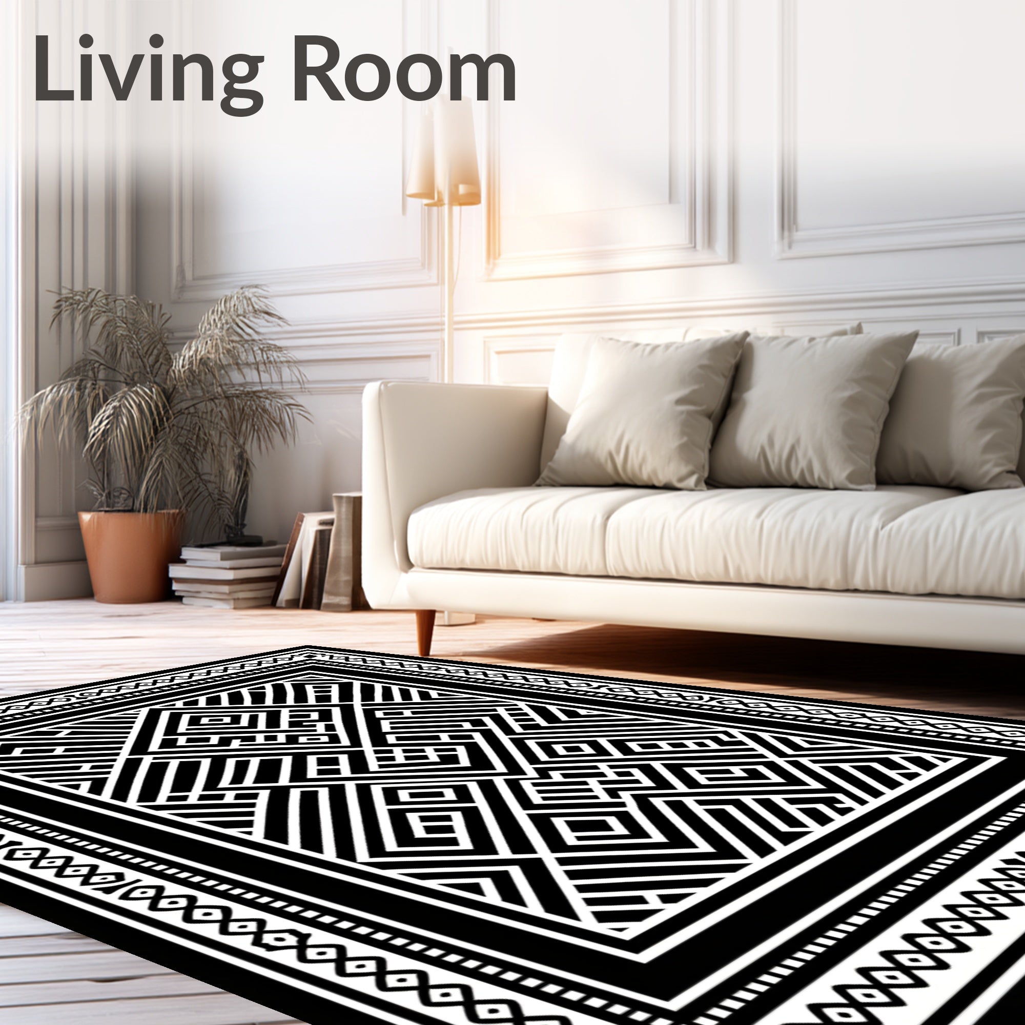 Black White Geometric Maze Inlay Rug