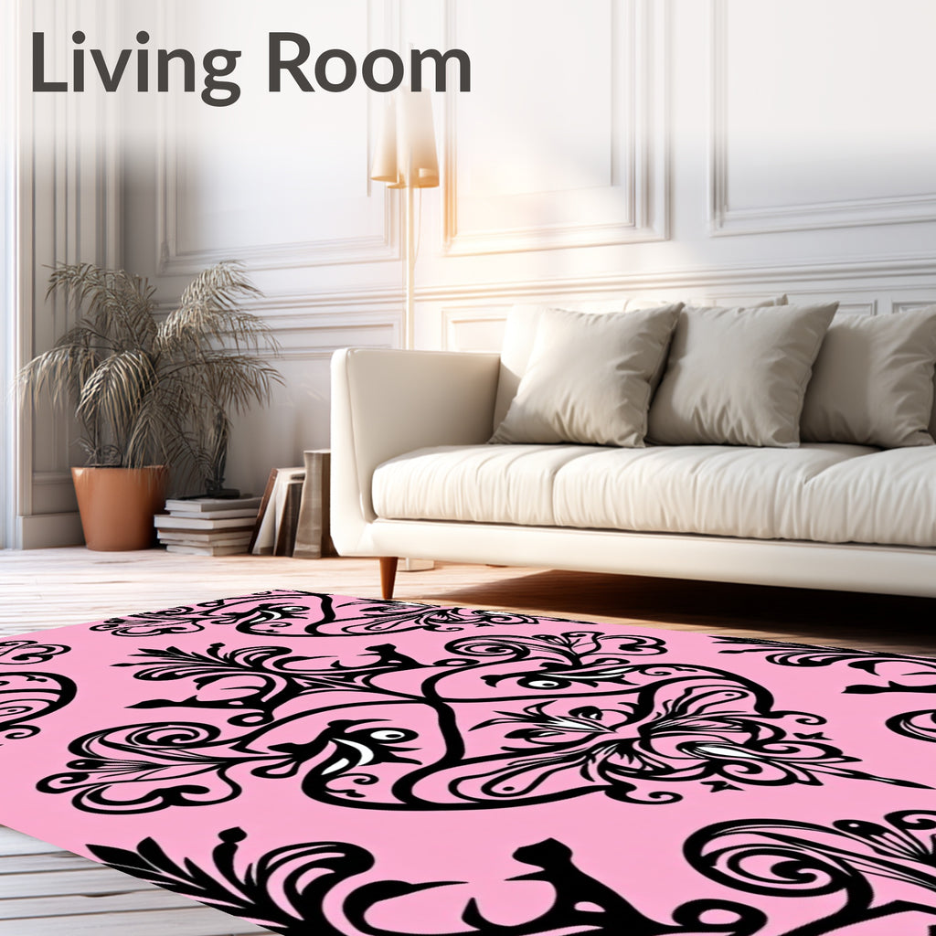 Pink Black Damask Floral Pattern Rug
