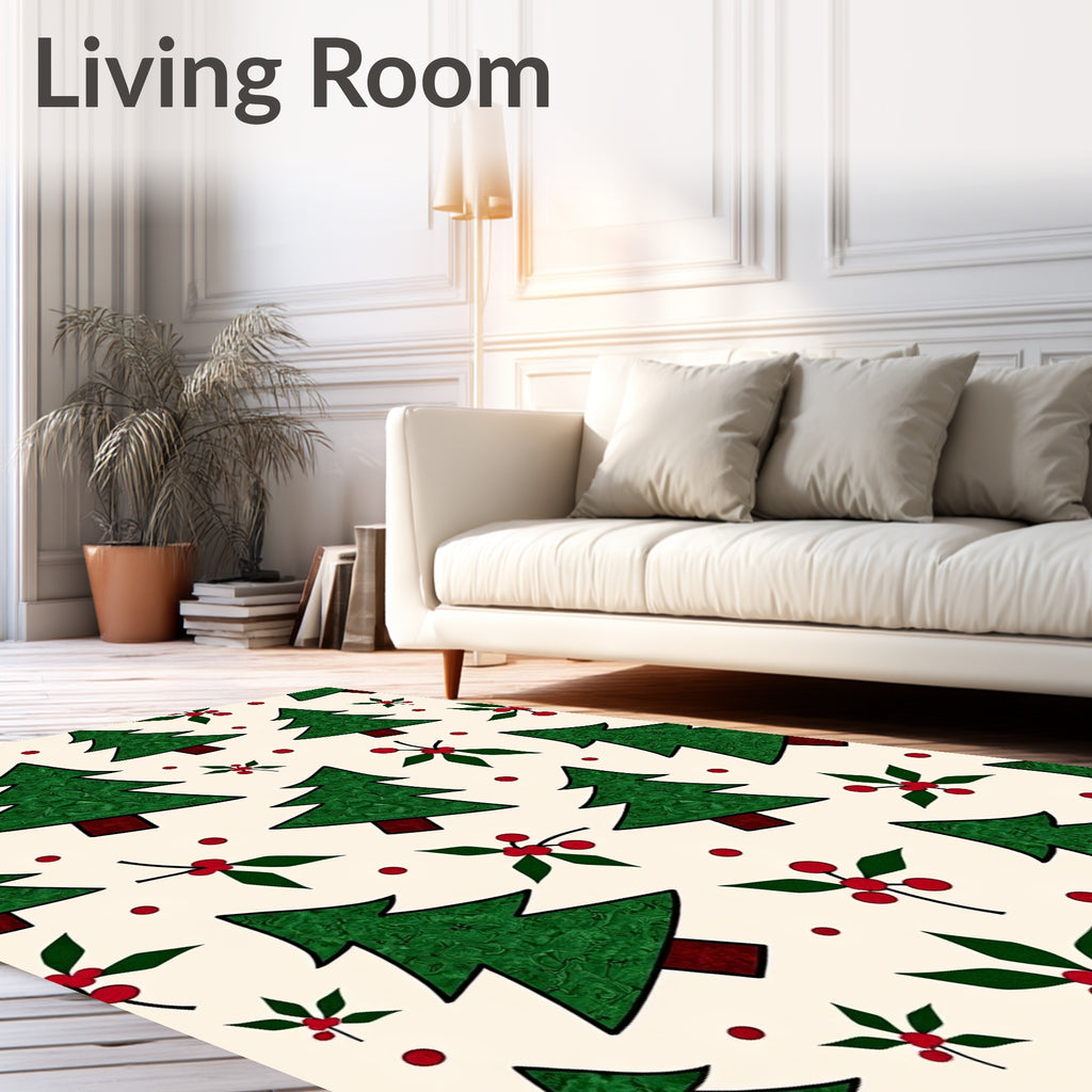 Festive Green Tree Holly Berry Pattern Rug