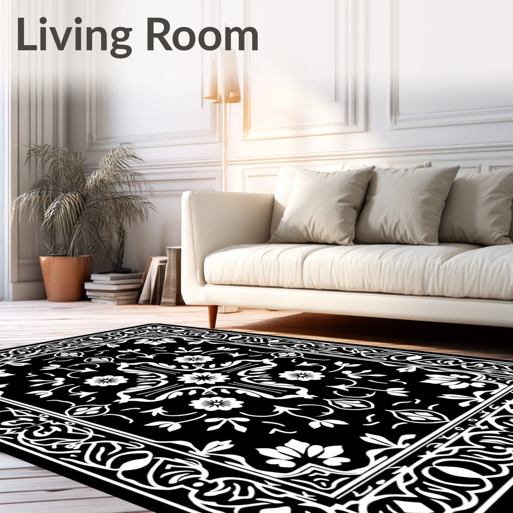 Classic Floral Scrollwork Black White Rug