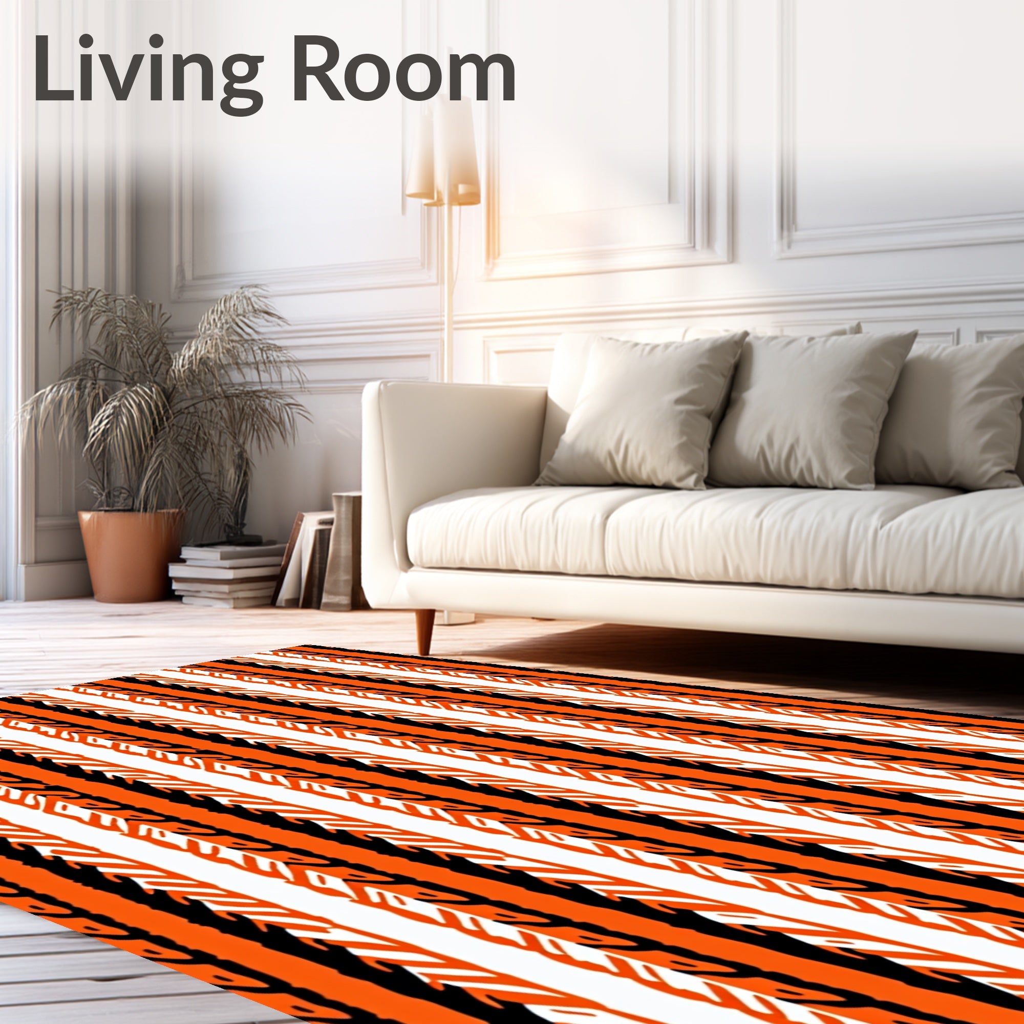 Bold Orange Black White Stripe Design Rug