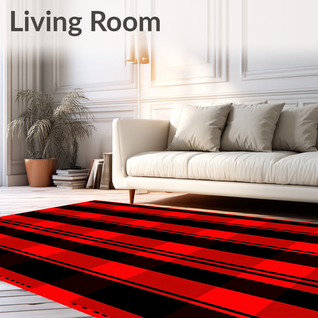 Bold Red Black Plaid Pattern Rug