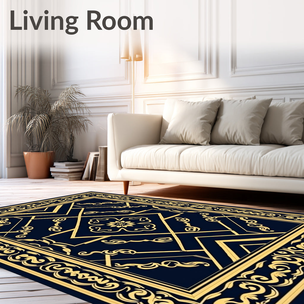 Elegant Golden Navy Abstract Floral Border Rug