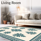 Dark Teal Snowflake Patterned Bordered Rug