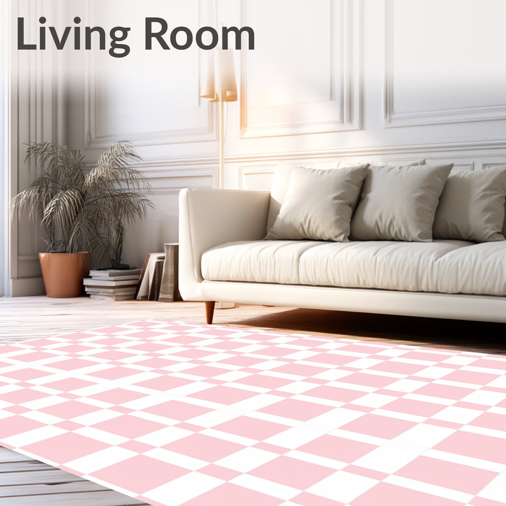 Soft Pink White Checkered Pattern Rug