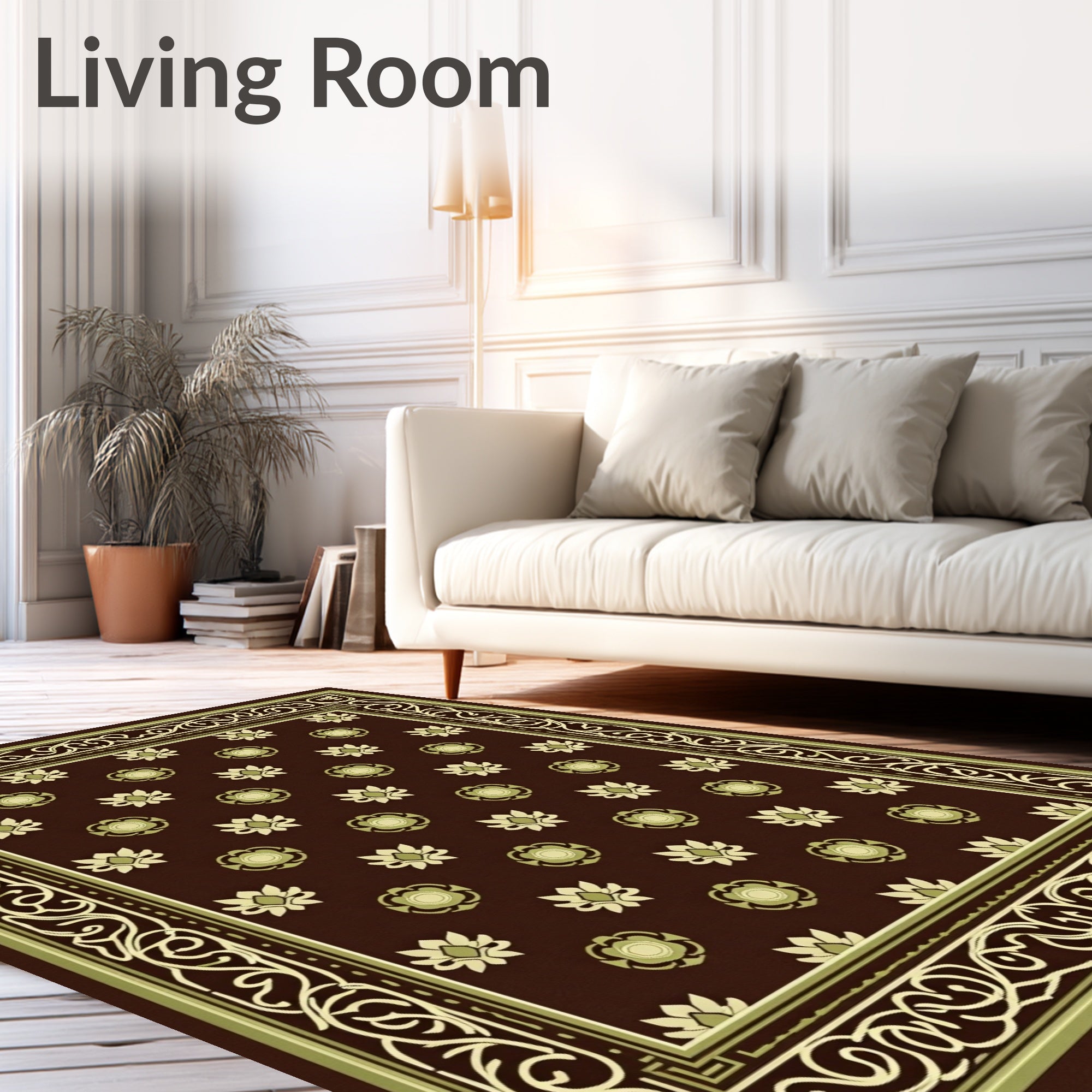 Ornate Floral Bordered Brown Rug