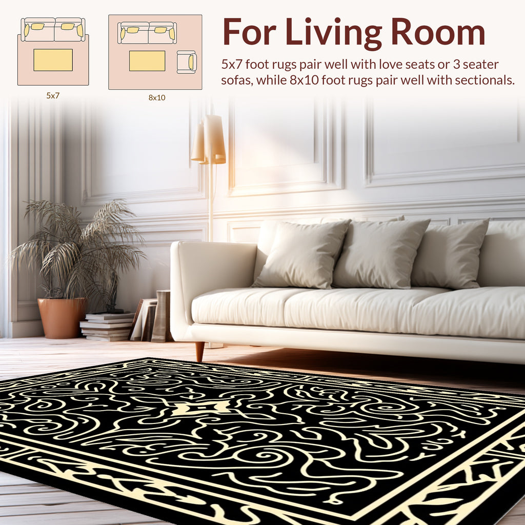 Ornate Black and White Swirl Pattern Rug