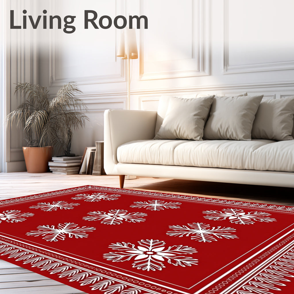 Red White Snowflake Medallion Border Rug