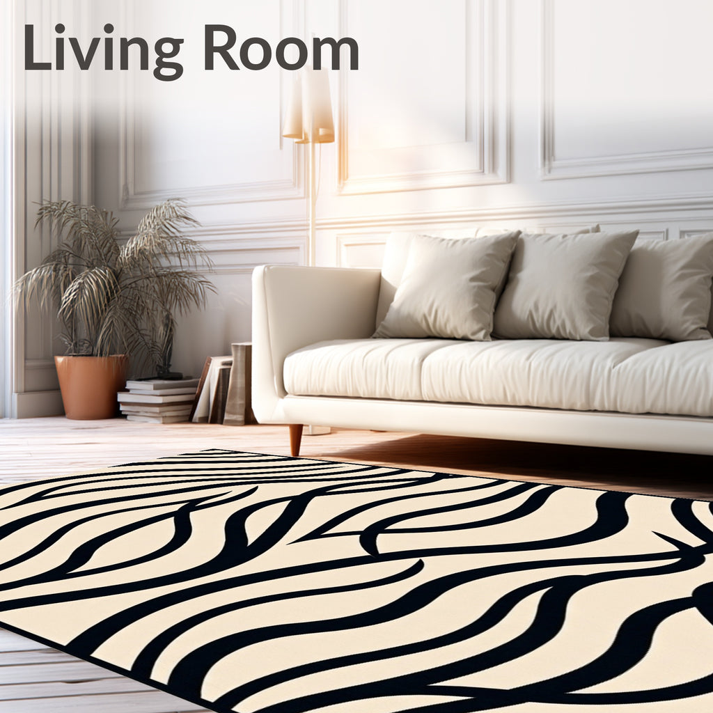 Cream Black Abstract Wavy Strokes Rug
