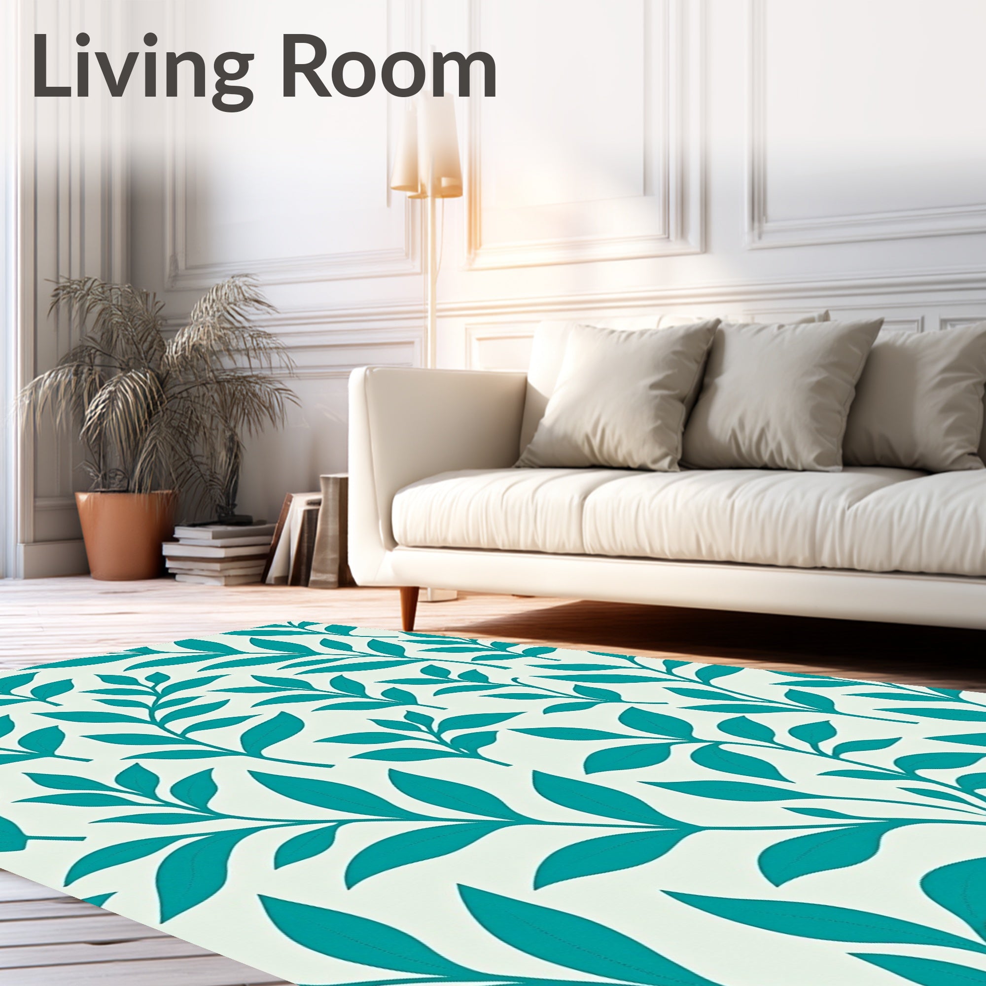Teal Leaf Pattern Natural Texture Rug